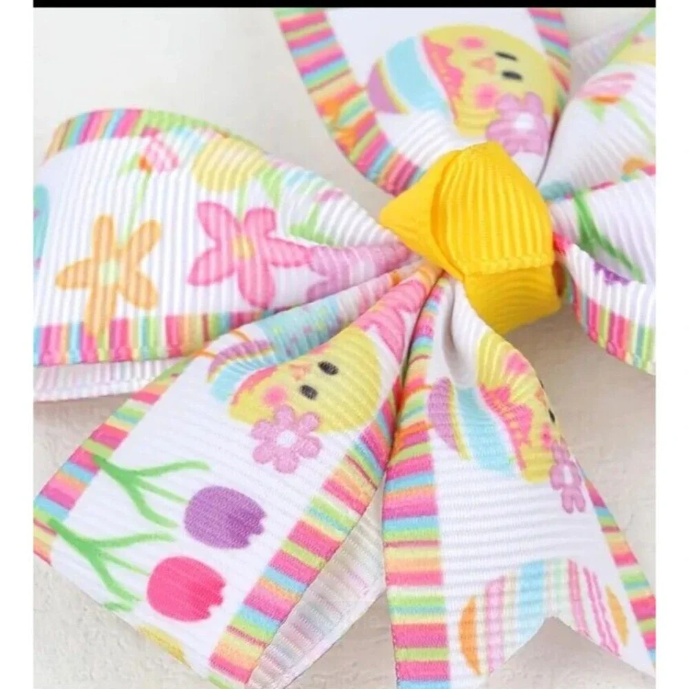 Girl’s PINK White YELLOW Easter HAIR BOW Clip Eggs & Flowers